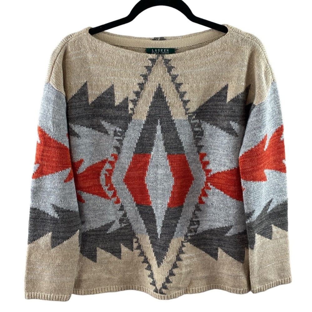 Ralph Lauren Women’s Southwest Geometric Gray Beige Orange Aztec Sweater Sz S